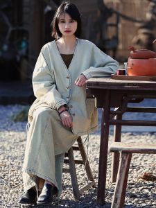 Original Heavyweight Washed out Vintage V-Neck Drawstring Denim Jacket Womens Spring Top Cotton Long Sleeve Regular Fit