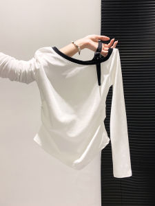LUOSHAO | One-Shoulder Asymmetrical Design Color-Block White Off-Shoulder Long-Sleeve T-Shirt