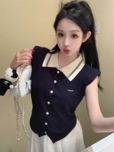 GUZILIAN | Korean Style Sweet Summer New Polo Neck Sleeveless Top High Waist Mini Skirt Two Piece Set Commute Fashion Casual Womens Wear