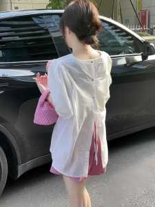 White Short Sleeve Shirt Womens Loose Slimming Korean Style Chic Top Summer New Arrival Silk Material Bubble Sleeve round Neck