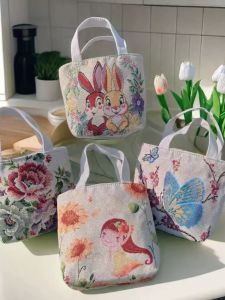 National Style Embroidered Storage Bag Double-Sided Handbag for Women Medium Canvas Shoulder Tote for Daily Use