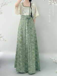 Han Tingji Original Womens Han Chinese Clothing [Jasper] New Chinese National Style Ice Silk Print Improved round-Neck Shirt Eight Broken Skirt Daily