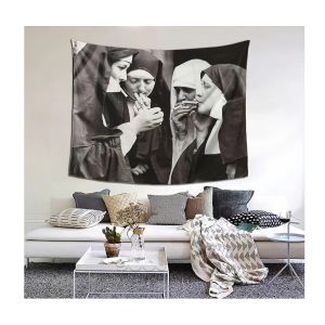 VIKAMA Vintage Nun Art Tapestry Black and White Living Room Sofa Backdrop Wall Coffee Shop Decor Artsy Style Room Accent