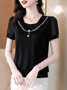 เสื้อเชิ้ตผ้าชีฟองแขนสั้นสีดำสำหรับผู้หญิงในช่วงฤดูร้อน ดีไซน์เก๋ไก๋ ดูสง่างาม กระชับสัดส่วน เสื้อเชิ้ตแฟชั่นสำหรับคุณแม่