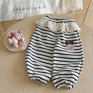 Girls Casual Printed Sweatpants Spring Autumn 2025 New Style Cute Cartoon Floral Lace Trim All Match Outerwear Polyester