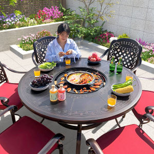 Outdoor Aluminum Alloy BBQ Grill Table Electric Charcoal Dual Purpose round Family Use Garden Courtyard Portable Detachable