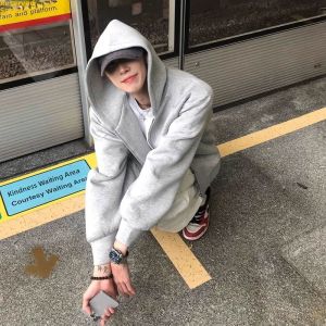 Thickened Fleece Hooded Zipper Mens Sweatshirt Oversize Open Cardigan Jacket Youth Trendy Pure Color Autumn Winter New Arrival