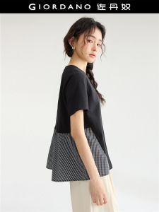 เสื้อยืดแขนสั้นผู้หญิง Giordano ทรงหลวม คอกลม ลายสก็อต ฤดูร้อน 2025 ผ้าฝ้ายผสมโพลีเอสเตอร์ ปกติ