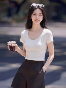 Basic House | Lace-Up U-Neck Short Sleeve Knit Top Female