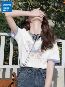 Jeanswest | Contrast Color Short Sleeve T-Shirt for Women Small Frame Rejuvenating Summer