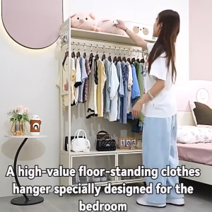 HOMEBLOOM - Hanging Wardrobe Organizer Clothing Rack Open-Concept Metal Wardrobe Unit with Storage Cabinet Movable Wheels 4 Hooks and Shelves Portable Wardrobe Organizer