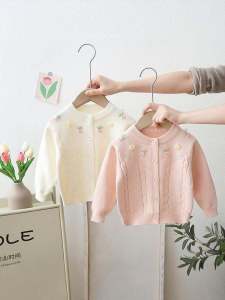Girls Knitted Sweater Coat Childrens Outfit round Neck Baby Fashion Pure Color Sweet Pink Outerwear Durable Soft Material