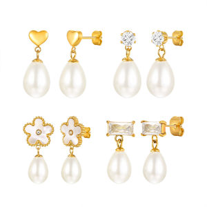 Kemstone Stainless Steel Zirconia & Faux Pearl Waterdrop Beaded Floral Earrings - Golden Elegance