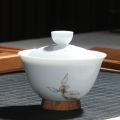 Japanese Style Ceramic Wood Combined New Style Tea Table Cover Bowl Hand-Painted Harmonious Wood Base Anti-Scratch Pear Wood Bottom. 