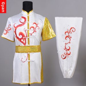 White Short Sleeve Dragon Embroidery Martial Arts Uniform for Male Competition and Training