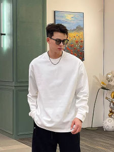 White Pure Cotton Long Sleeve round Neck Base Shirt Mens T-shirt American Small Collar Inner Wear Basic Style Sweatshirt without Cap