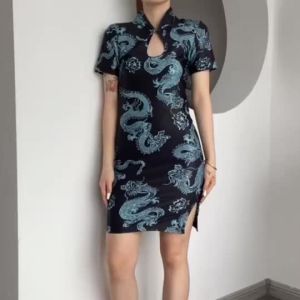 Robe Cheongsam Alberoise Grande Taille Qipao Vintage Imprimé Dragon Mode Décontractée Streetwear Rétro Offre Spéciale