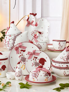 Red Floral Chicken Bowl Plate Cup Set 3D Relief Sculpture Creative Western Dinner Dessert Salad round Plate Dining Utensils