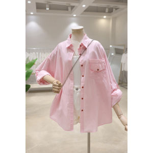 เสื้อเชิ้ตแขนยาวผู้หญิงคอโปโลสไตล์เกาหลีฤดูร้อนปี 2023 ทรงหลวม ผ้าฝ้ายบาง สีบล็อก ระบายอากาศได้ดี เสื้อเชิ้ตกันแดด