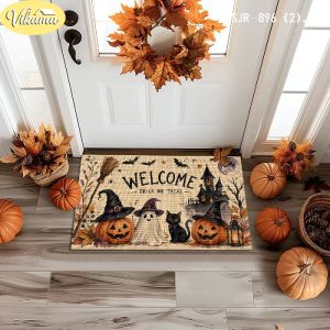 VIKAMA Halloween Doormat Welcome Pumpkin Witch Hat Ghost Black Cat Print Decorative Non Slip For Front Door Entryway Porch Decor