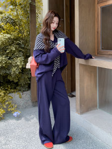 Loose Fit Korean Style Womens Sweatshirt Set Autumn 2025 New Stripe Wide Leg Pants Three Piece Set Comfortable Casual Outfit