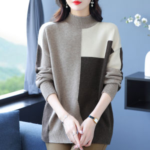 Woolen Sweater Half Turtleneck Color Matching Sweater Womens Fall and Winter New Mothers Clothes Loose Western Style Inner Wear Knitting Bottoming Shirt Thick