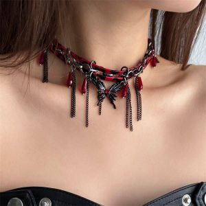 Sweet Cool Girl Butterfly Pattern Metal Chain Leather Splicing Tassel Punk Style Womens Necklace Fashionable Fresh out Alloy Pendant