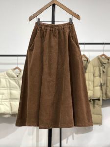 ย้อนยุค สไตล์เกาหลี ครึ่งความยาว กระโปรง ผู้หญิง พรางหุ่น เอวยืดหยุ่น สีทึบ ศิลปะ ผ้าลูกฟูก กระโปรงเต็ม เดรส