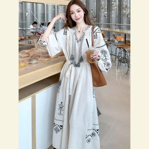 Elegant White Linen Print Dress Autumn Winter High Waist A-Line Skirt Casual Style Ladylike Fashionable And Luxurious Feeling