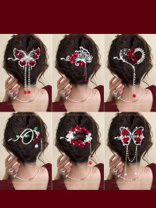 Red Flower Hair Clip Womens Back of Head 2025 New High End One Word Frog Buckle Twist Hair Accessories Stylish Hair Decorations