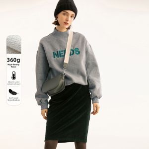 Fall Winter Oversized Drop Shoulder Mock Neck Fleece-Lined Pullover Long Sleeve Sweatshirt