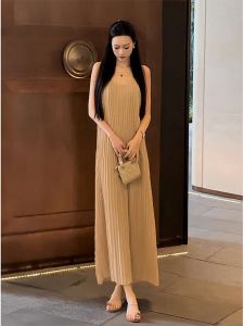 Summer Gentle Style Thin Illusion Midi Dress Womens Sleeveless Gauze Wrap Dress Soft Color Commute round Neck Single Piece