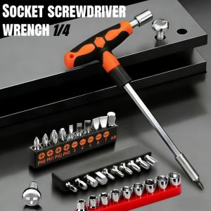 1/4 T-Shaped Hexagonal Socke Wrench 5-13mm Chrome Plated Wrench T-shaped Replaceable Bit Screwdriver Manual Tool Screw Bit Set