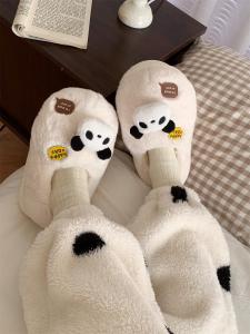 Cute Cartoon Panda Cotton Slippers Indoor Anti-Slip Warm Full-Block Heel Soft Bottom Couple Home Shoes Warm Winter Slip-On
