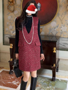 Elegant Red Retro Small Fragrance Style Dress Womens Autumn Winter New Wool Vest Dress Winter Set Dress Commute Style Pocket