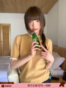 Color Block Lace Collar Bubble Sleeve Summer T-Shirt Knitted