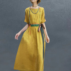 Cotton Linen Ethnic Style Dress Original Design  Ageless Loose Short Sleeve round Neck Long Dress Travel Robe A-Line Skirt
