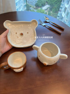 Ceramic Bear Dinnerware Set Creamy Style Creative Underglaze Painting High Aesthetic Value Single Person Dining Bowl Cup Plate