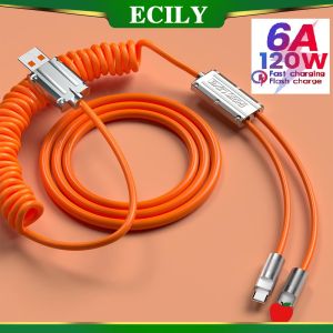 Ecily 2in1 6A 120W loại USB C Cáp lò xo để sạc nhanh cho USB A để Loại-C 8-pin Cáp Micro USB cho i-Phone 14 13 12 Pro Max Huawei Samsung Xiaomi od6.0 Cáp dữ liệu