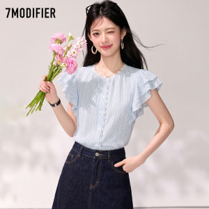 7.Modifier | Áo Sơ Mi Xanh Trắng Sọc Có Nếp Nhăn Và Ren
