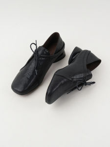 Spring 2025 New Style Retro Flat Shoes Comfortable Soft Leather Square Head Bow Tie Shoes Low Heel Deep Mouth Fashionable Single Shoes