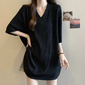 Black V-neck Shoulder Short-Sleeved T-shirt for Women Summer New Arrival Plus Size Plus Size Ladies Mid Length Long Length Loose Slim Looking Hip-Covering Tops