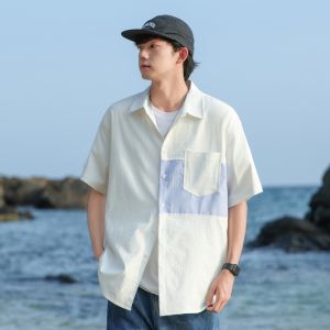 Trendy Ice Silk Loose Short Sleeve Striped Shirt for Teenage Boys Summer Fashionable Polyester Fiber Regular Length Button up