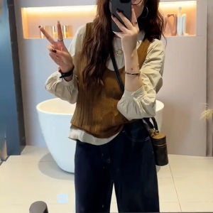 Fashionable Vintage Knitted Vest And Long Sleeve Shirt Set Early Spring Simple Style Womens Clothing Two-Piece Suit Polyester