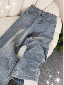 Sparkling Womens Wide Leg Jeans High Waist Straight Cut Denim Pants with Rhinestones Trendy Design Loose Fit Spring Fashion
