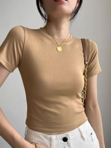 Khaki Color Womens Slim Fit Short Sleeve T-Shirt Summer New Style Base Shirt Design Sensation Inner Wear Top Short Length