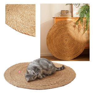 Pet Cat Litter Round Hand Woven Rattan Cat Puppy Nest Summer Cooling Pad Kitten Scratching Mat Cotton Rope Washable