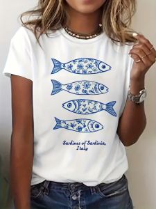 Womens Sardines Fish Retro Graphic T-Shirt - Short Sleeve Crew Neck Casual Summer Top  Print for Beach Outfits & Casual Attire