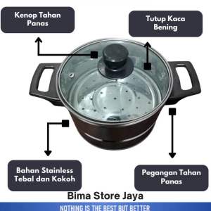 PANCI KUKUS STAINLES UK MINI 16cm HANDEL ANTI PANAS FREE ENTONG TUTUP KACA