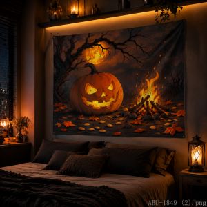 VIKAMA Spooky Halloween Wall Tapestry Glowing Pumpkin Night Storm Art for Home Party Halloween Decor
